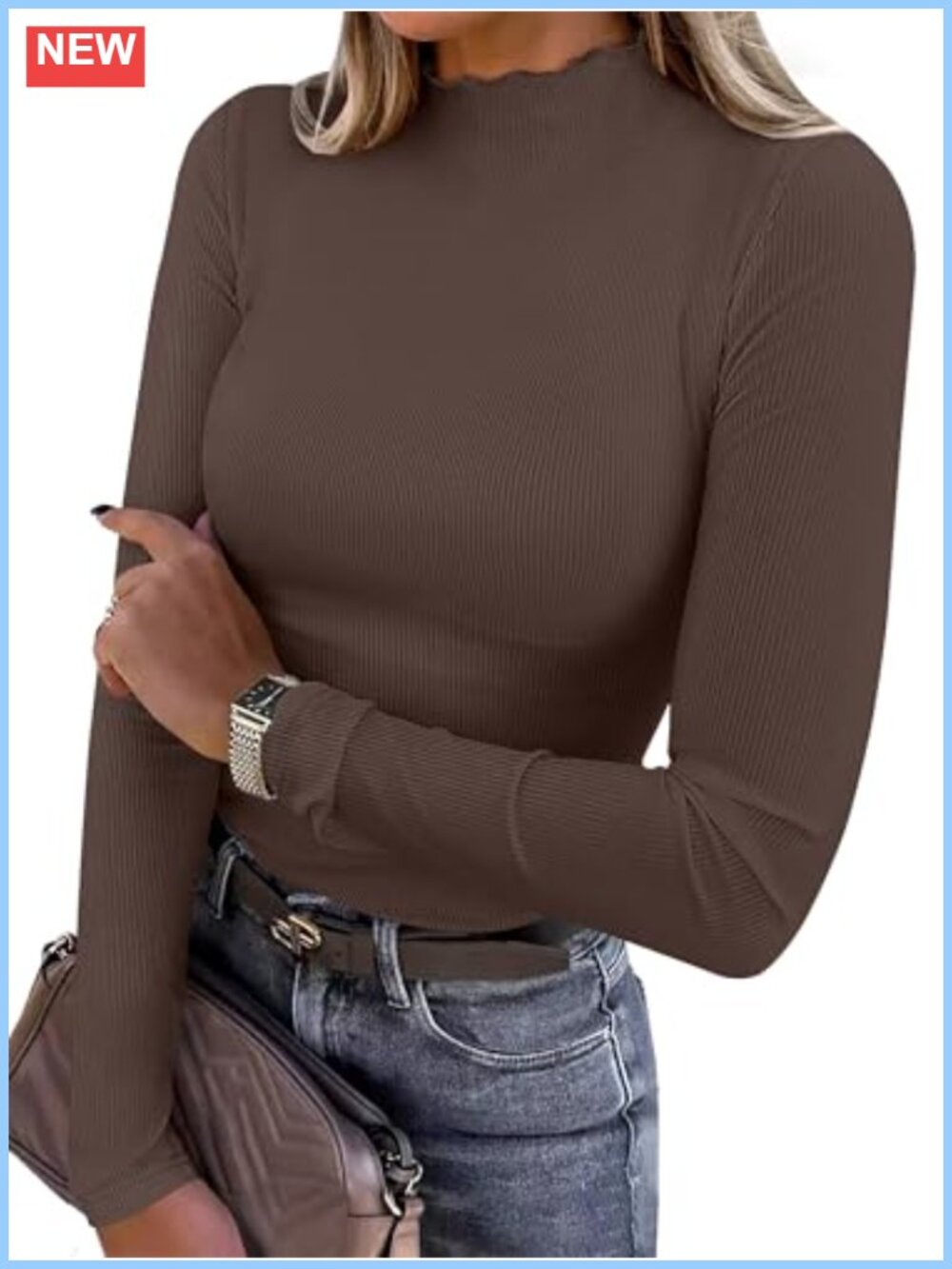 Women's Long Sleeve Mock Neck Ribbed Knit Slim Fit Top